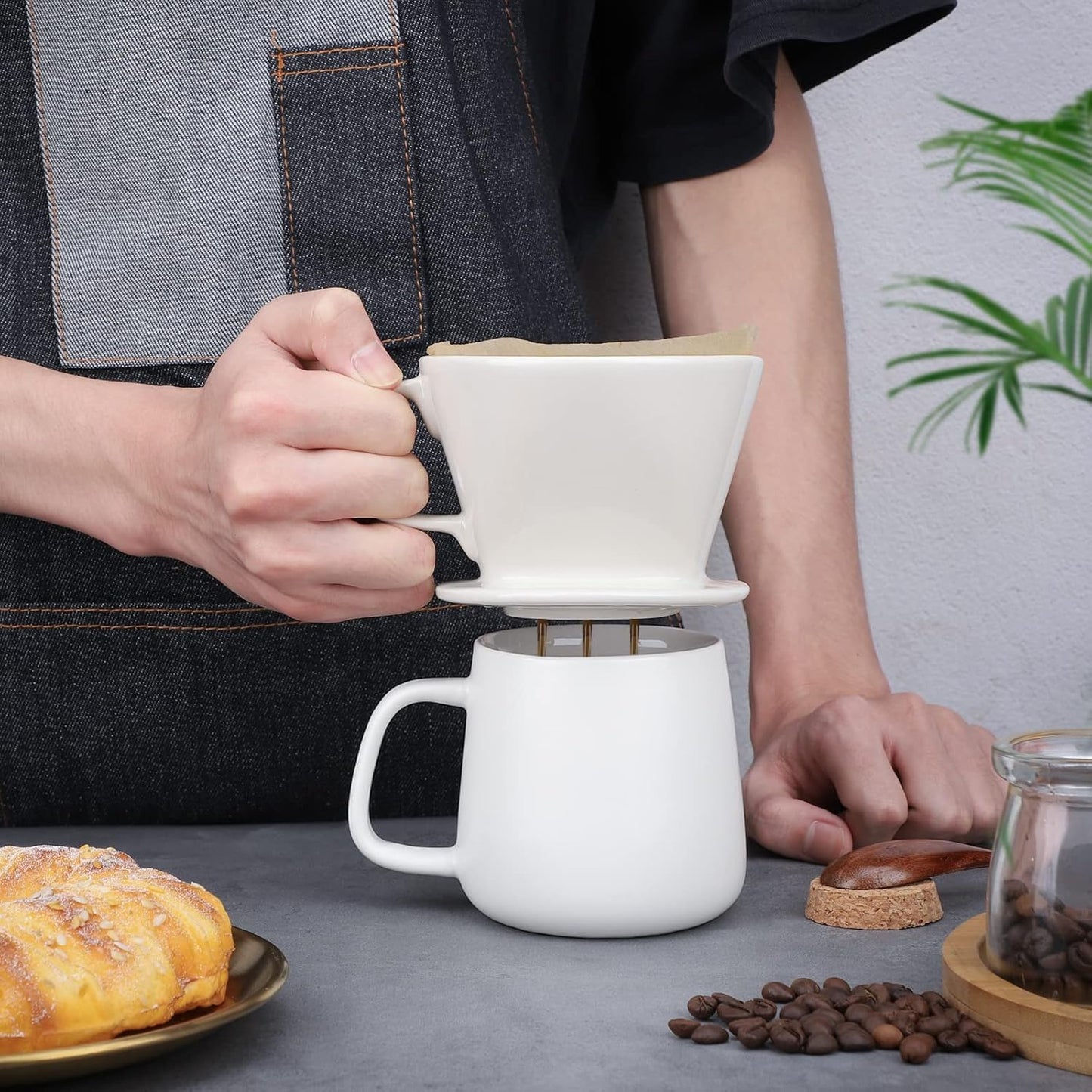 Segarty Pour Over Coffee Maker, Single Cup White Ceramic Coffee Dripper, Size No.2 Reusable Filter Cone Drip Holder Slow Brewer with 3 Holes Flat Bottom for Home, Office, Travel, Camping