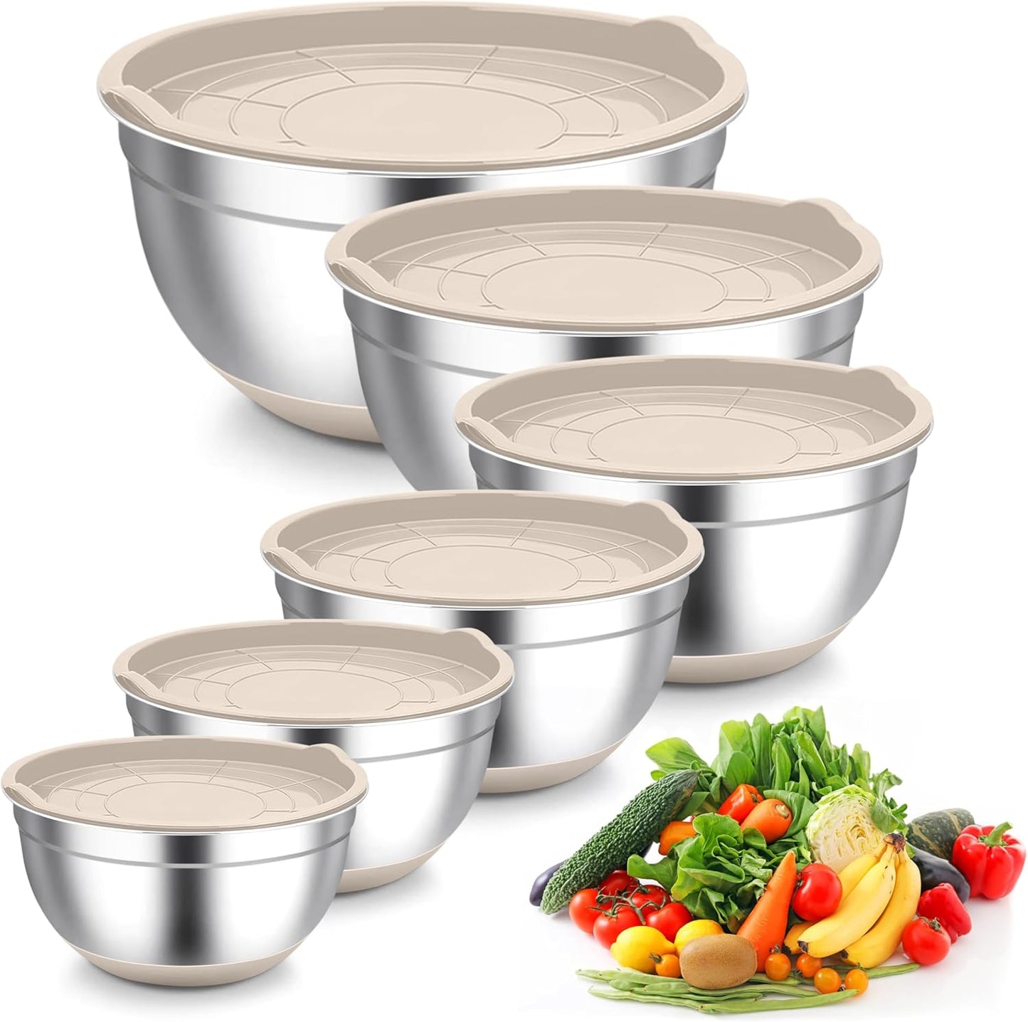 TeamFar Mixing Bowls, Stainless Steel Salad Bowls with Lids - Khaki | Nesting Bowls with Non-slip Bottom, for Kitchen Baking Preparing Serving, Stackable &amp; 6PCS - 4.6 /2.6 /2 / 1.5 /1 / 0.7 Qt