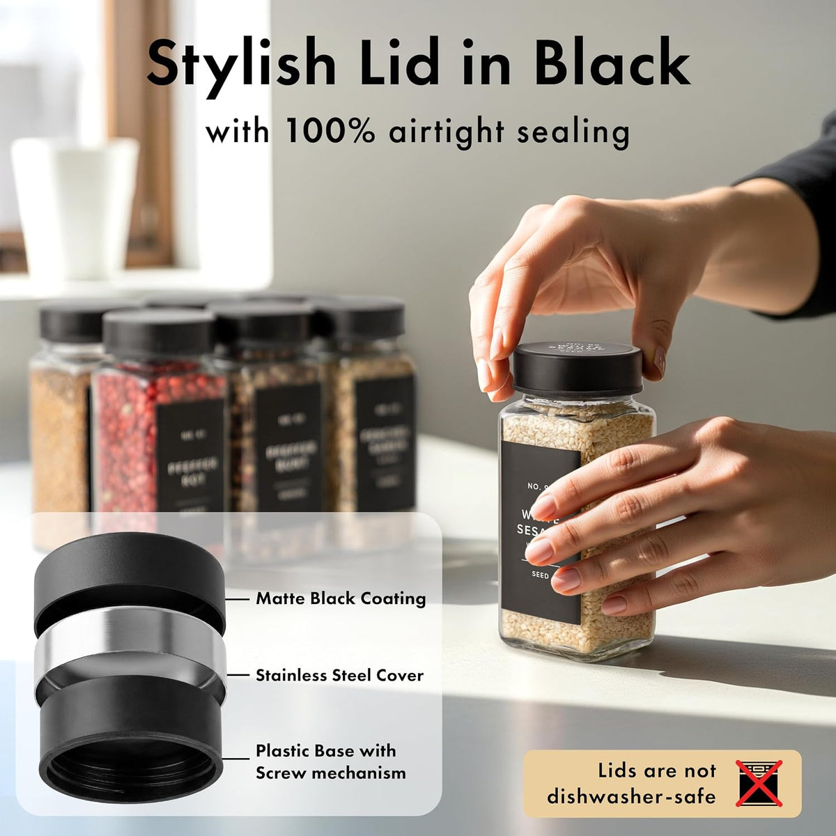 Glass Spice Jars with Label and Stainless Steel Lids (24 x 4oz) Spice Containers with 240 Labels, Shaker Inserts, Steel Funnel, Empty Square Empty Square Seasoning Organizer (Black)