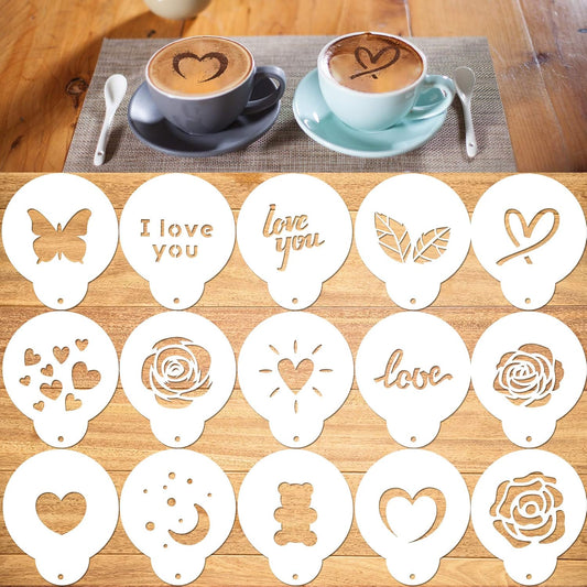 Konsait Coffee Stencil, 15 Pieces Latte Art Stencils for Coffee Decorations, Oatmeal Cupcake Cake Cappuccino Mousse Hot