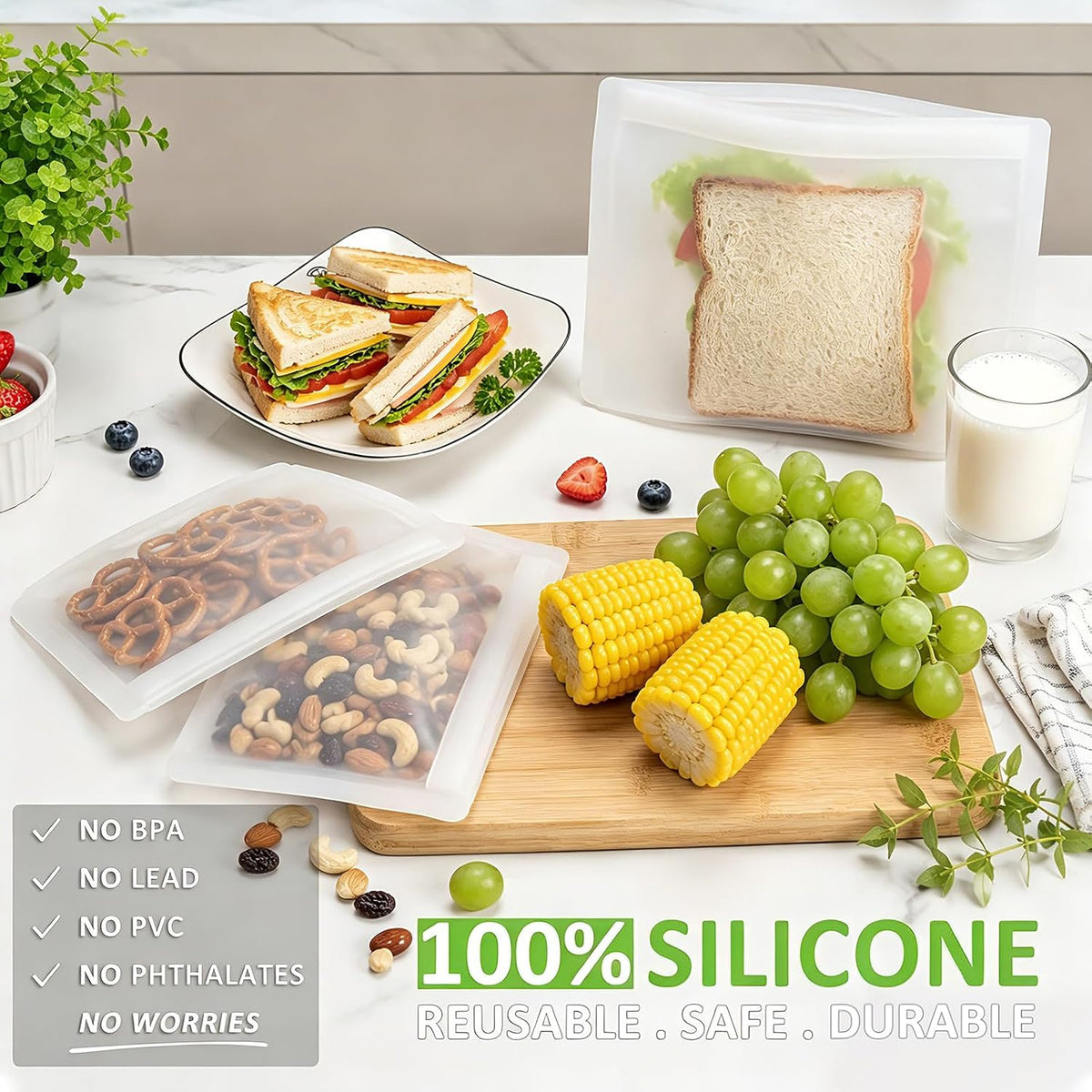 Reusable Sandwich Bags & Snack Bags Set, 8 Pack, 100% Silicone Reusable Storage Bag, Soft Shell Ziplock Silicone Food Storage Containers, Freezer Microwave Oven Dishwasher Safe, Translucent