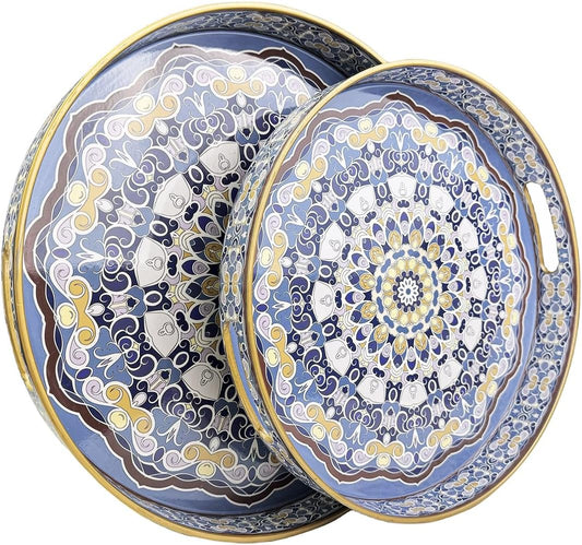 Round Decorative Trays Set of 2, Modern Plastic Serving Tray with Handles for Living Room, Coffee Table, Kitchen, Ottoman,