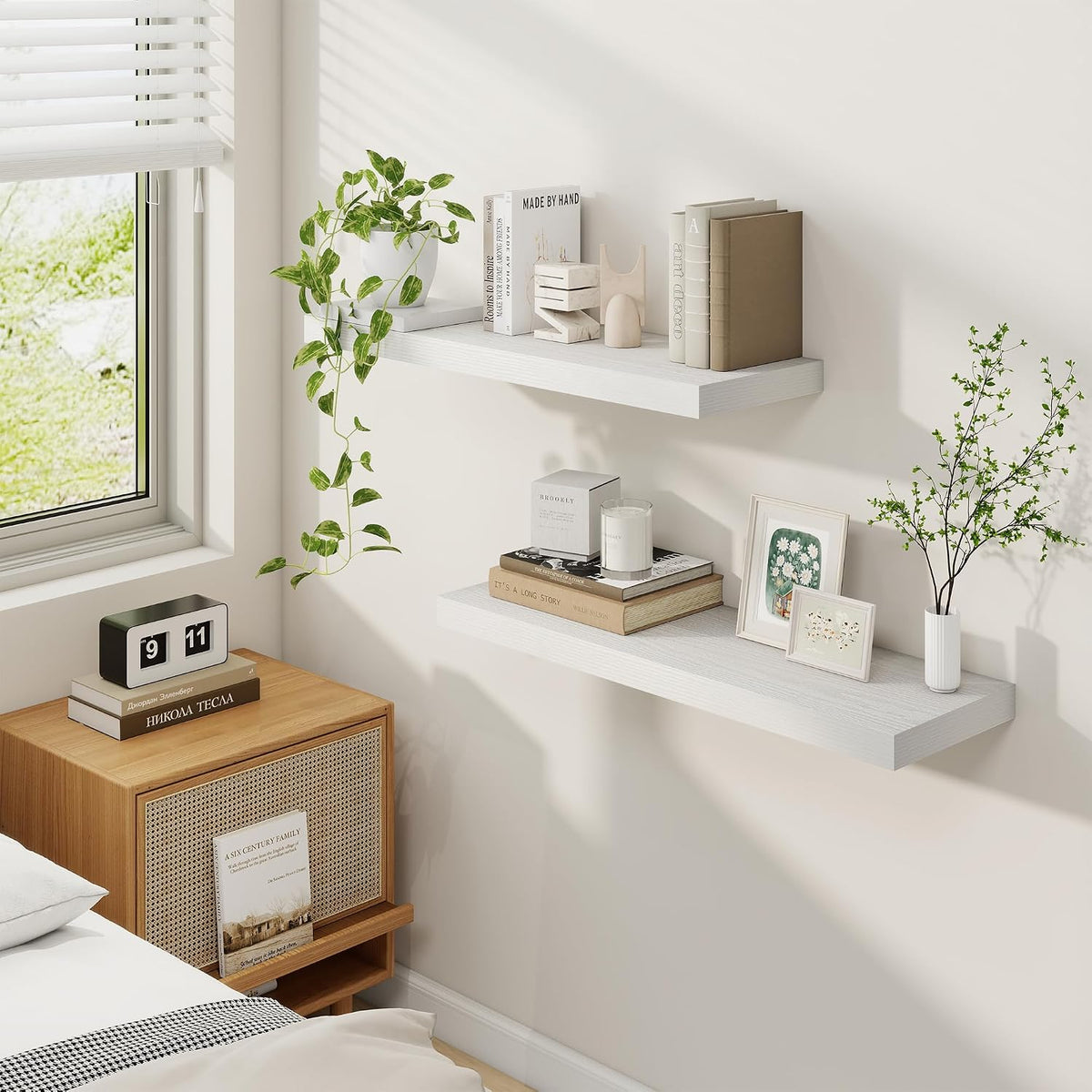 Fun Memories 9.3Inch Deep Floating Shelves for Wall, 30 Inch Rustic Wood Wall Mounted Shelves for Bathroom, Bedroom, Kitchen, Deep Floating Shelf for Storage &amp; Home Decor (White, Set of 2)