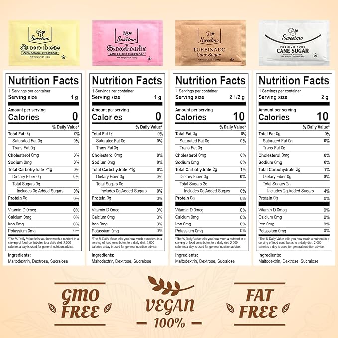 Sweetmo Sugar Packets Variety Pack - Sucralose, Raw Sugar, Saccharin, Cane Sugar with Wooden Stirrers - 400 Count for Coffee, Tea, Office Breakrooms, Home & Airbnb