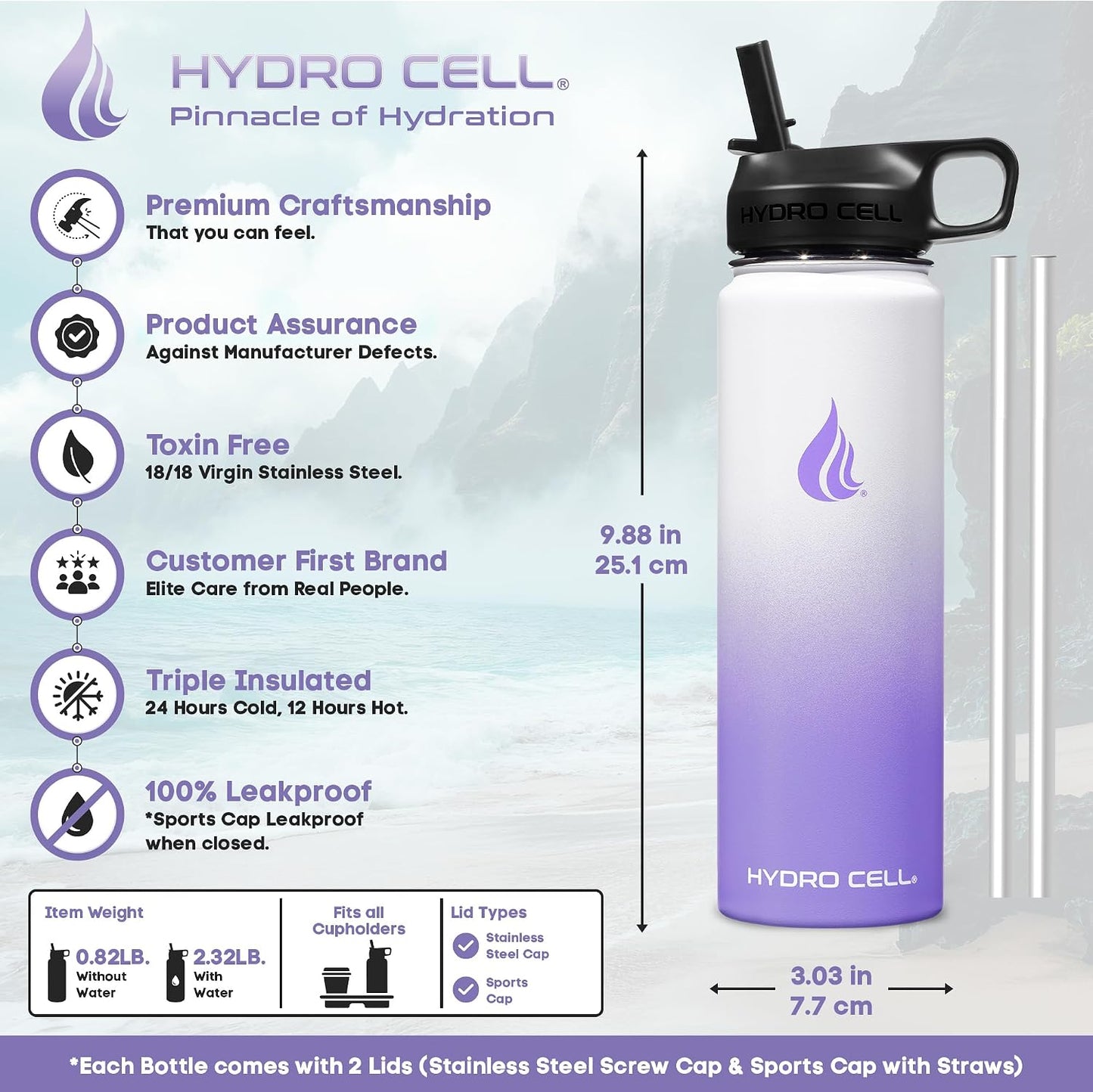 HYDRO CELL Stainless Steel Insulated Water Bottle with Straw - For Cold &amp; Hot Drinks - Metal Vacuum Flask with Screw Cap and Modern Leakproof Sport Thermos for Adults (Lavender/White 24oz)