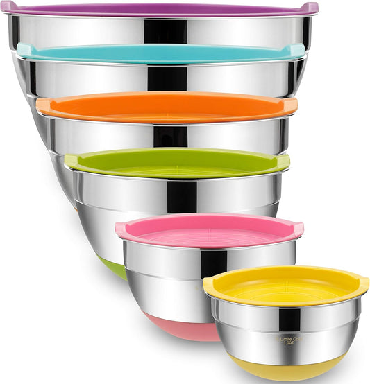 Umite Chef Mixing Bowls with Airtight Lids, 6 Piece Stainless Steel Metal Bowls, Measurement Marks & Colorful Non-Slip