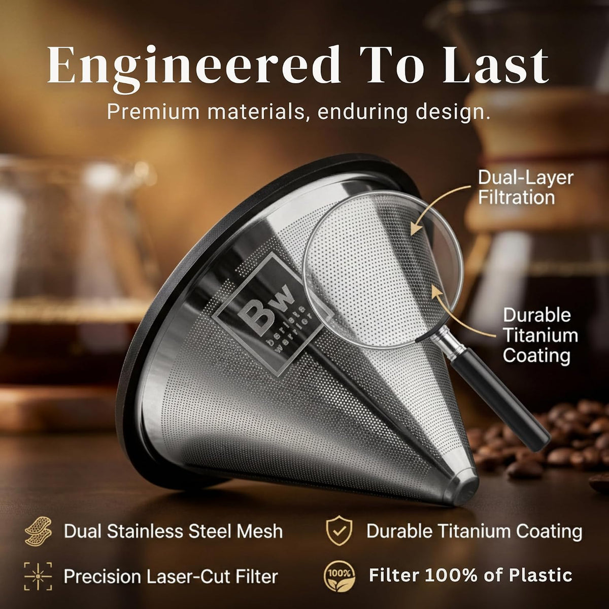 Barista Warrior Reusable Coffee Filter, Pour Over Dripper, Silver