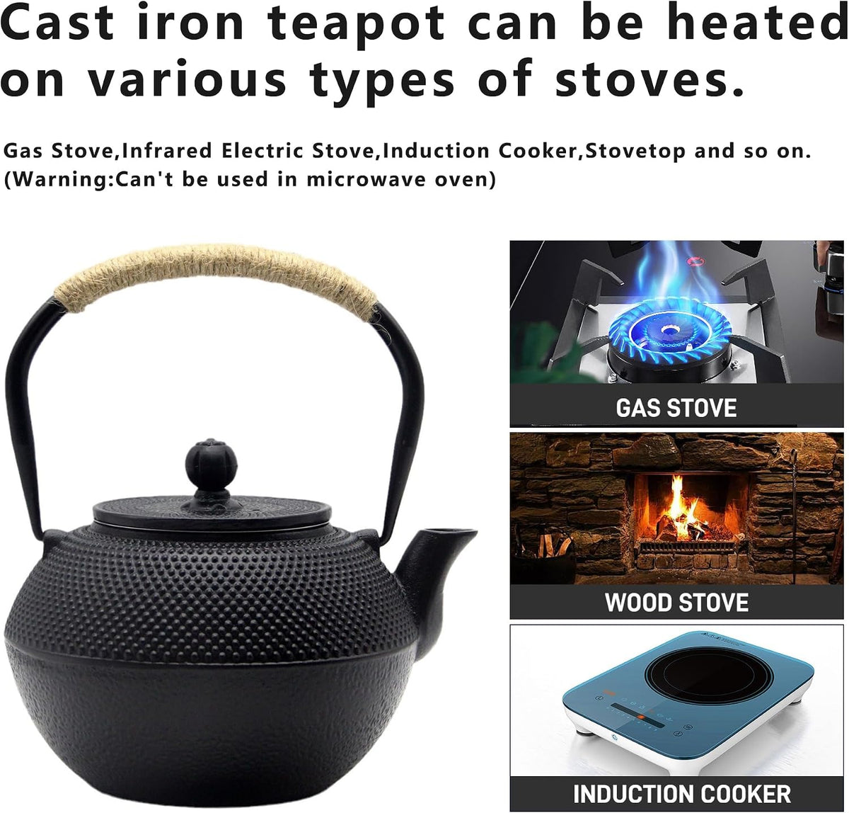 YJX 40.6oz Black Cast Iron Tea Pot Set with Teacups, Japanese Tetsubin
