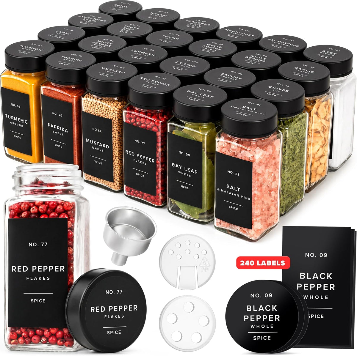 Glass Spice Jars with Label and Stainless Steel Lids (24 x 4oz) Spice Containers with 240 Labels, Shaker Inserts, Steel Funnel, Empty Square Empty Square Seasoning Organizer (Black)