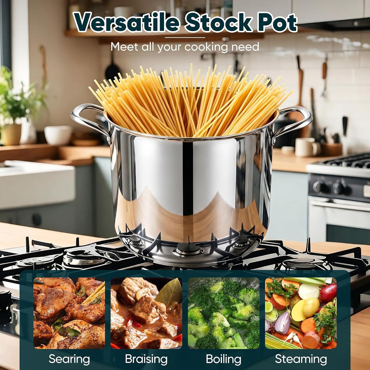 E-far 14 Quart Stainless Steel Stock Pot, Heavy Duty Induction Stockpot with Glass Lid for Cooking Soup Canning, Thick Tri-Ply Bottom & Riveted Handles, Compatible with All Stoves, Dishwasher Safe