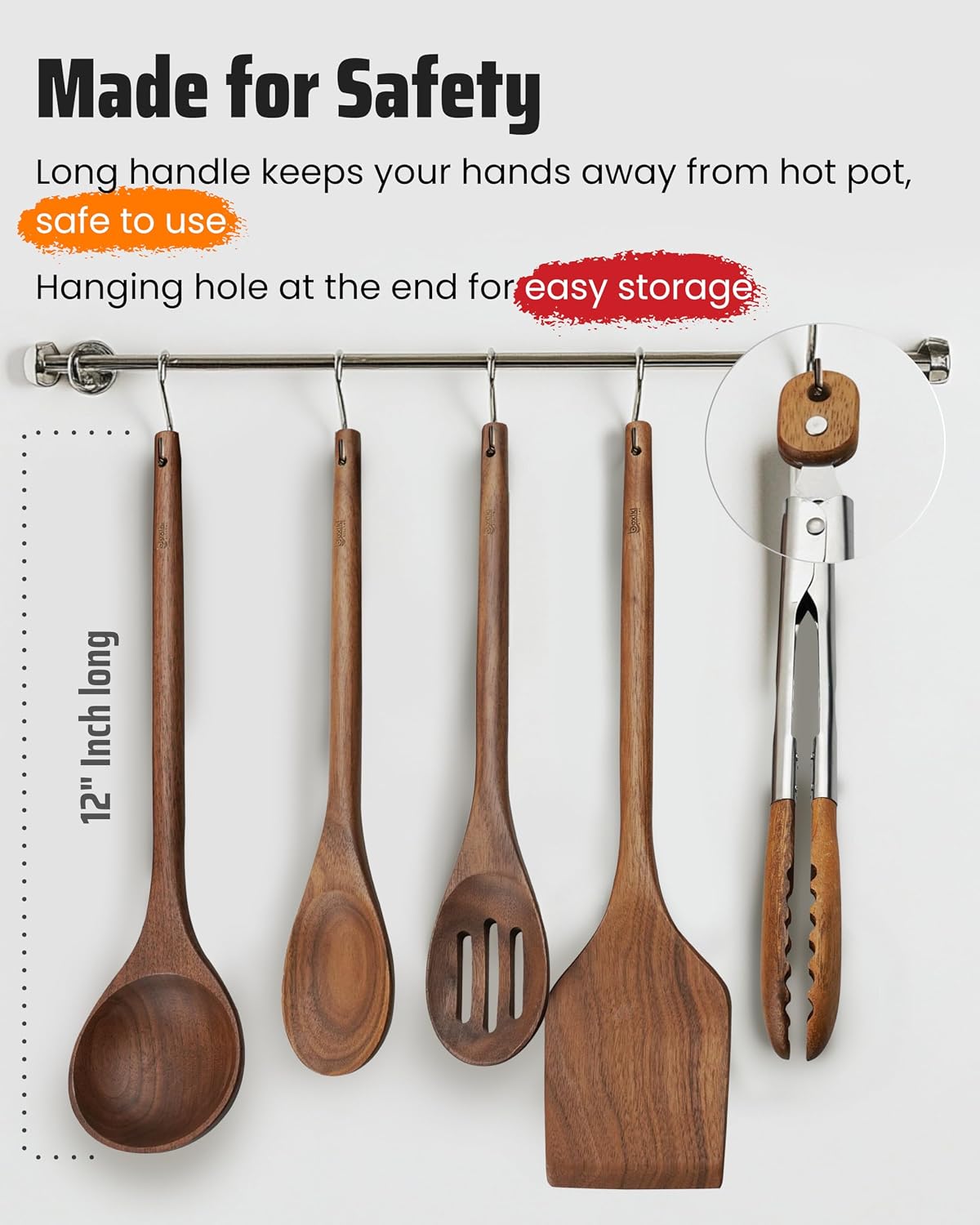 Elegant 5-Piece Walnut Wood Kitchen Utensil Set – Non-Scratch, Heat-Resistant Cooking Utensil Set with Kitchen Tongs, Spoons, Spatula &amp; Ladle – Lightweight, Durable &amp; Perfect for Daily Use or Gifting