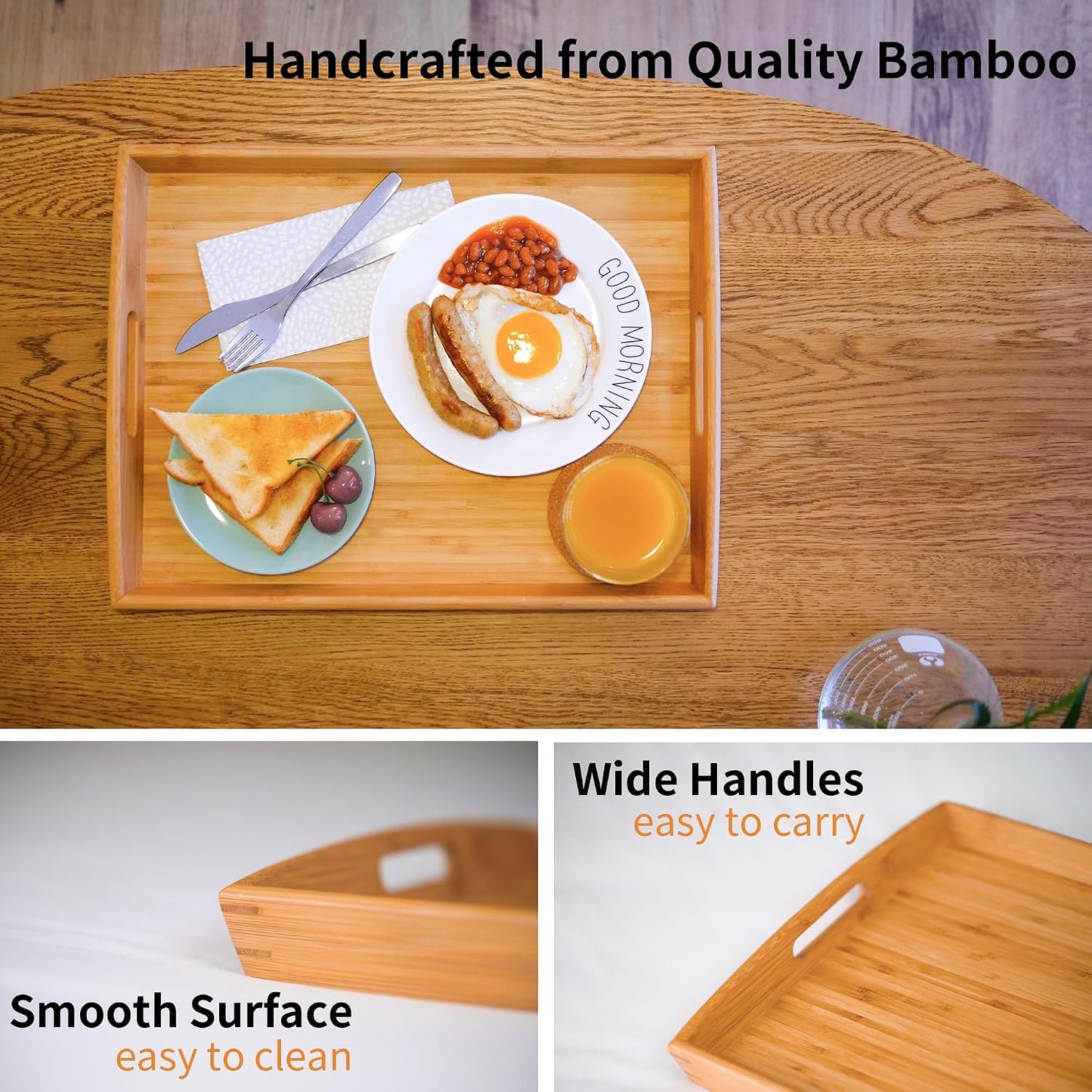 Joy&amp;Grace Bamboo Serving Tray with Handles 16.8 x 12.5 inch | Dinner Food Tray for Bed Breakfast Eating, Serving Tray for Coffee Table Ottoman TV, Decorative Wood Charcuterie Platter