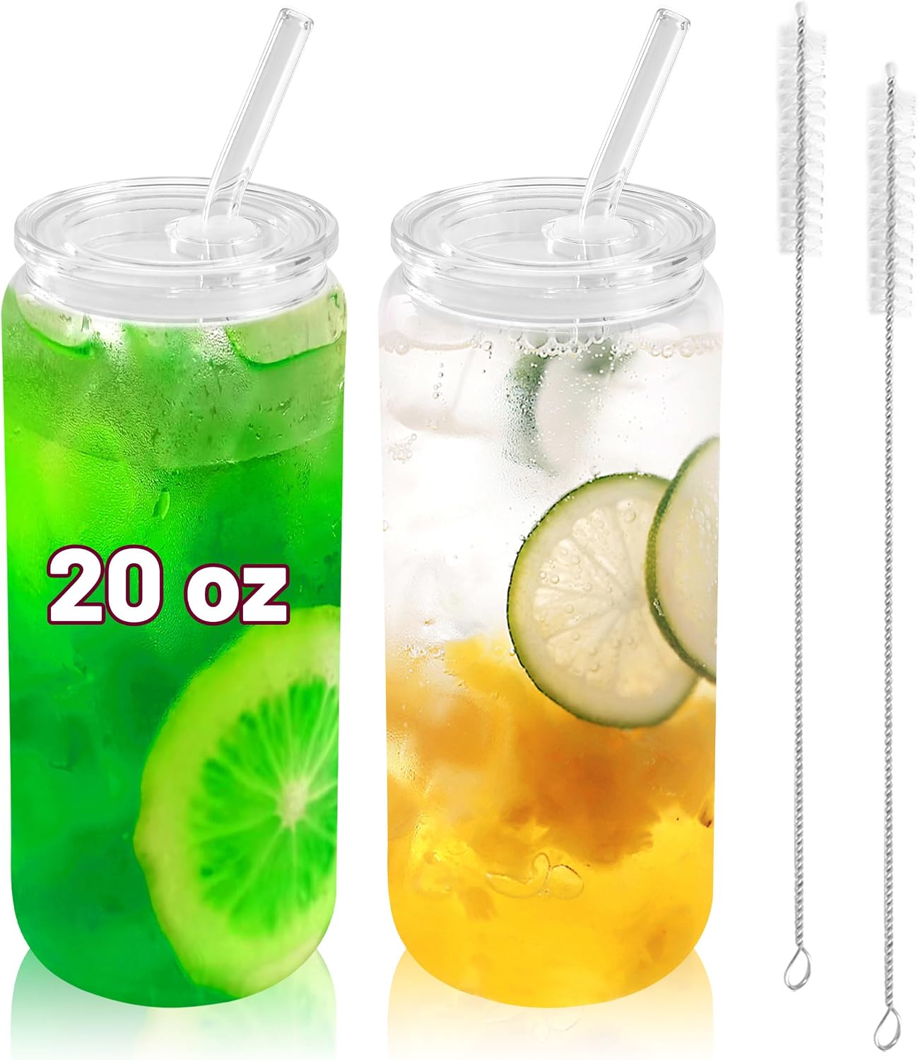 Joyclub 2pcs Glass Cups with Acrylic Lids and Straws 20 oz Drinking Glasses | Can-shaped glasses cute glass tumbler include 2 cleaning brushes, reusable iced coffee cup for party favors cafe shop gifting