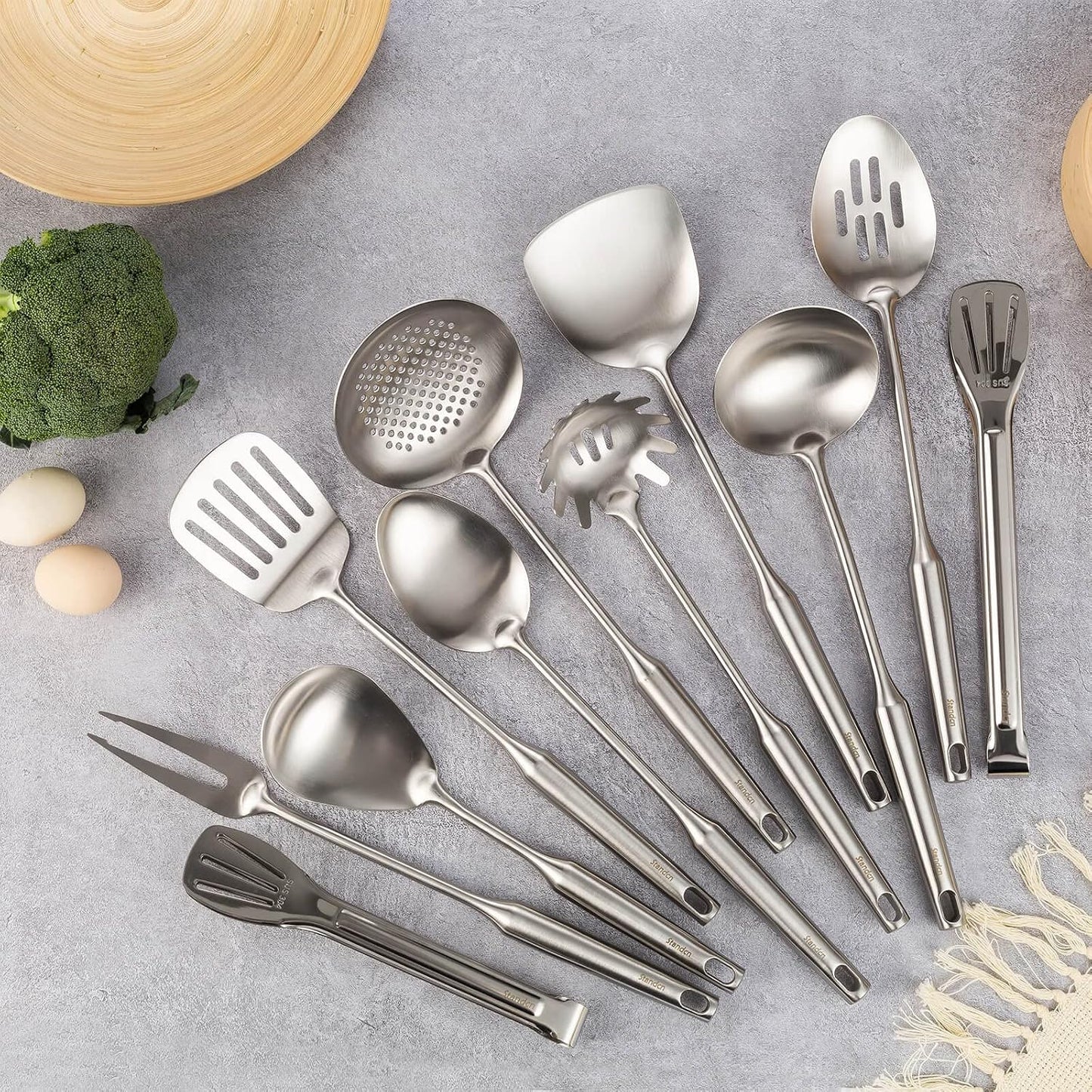 18/10 Stainless Steel Cooking Tools Set - 11PCS All Metal Kitchen Utensils | Round Handle Utensils - 2 Tongs, Fork, Solid Slotted Spoon, Spatula, Soup Ladle, Skimmer, Turner, Spaghetti, Large Spoon