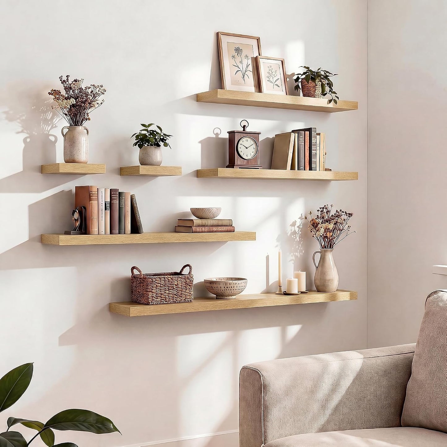 FLYJOE Floating Shelves for Wall, 48" W x 9.3" D x 1.5" H, Set of 1, Oak