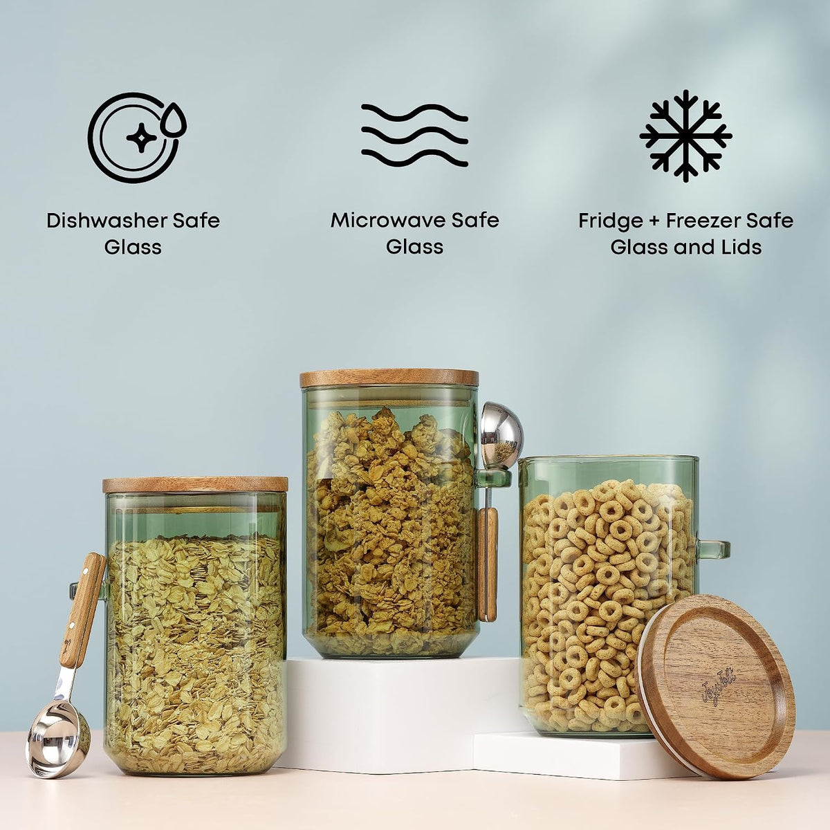 JoyJolt Holden 32oz Stackable Glass Storage Containers with Lids and Scoops, Airtight Food Canister Set of 3 w/Acacia Wood Lids, Round Stacking Pantry and Kitchen Containers w/Scoop | Clear
