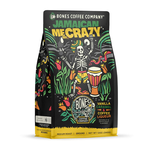 Bones Coffee Company Jamaican Me Crazy, Vanilla Caramel Flavored Coffee, Medium Roast Low Acid Arabica Beans Compatible with