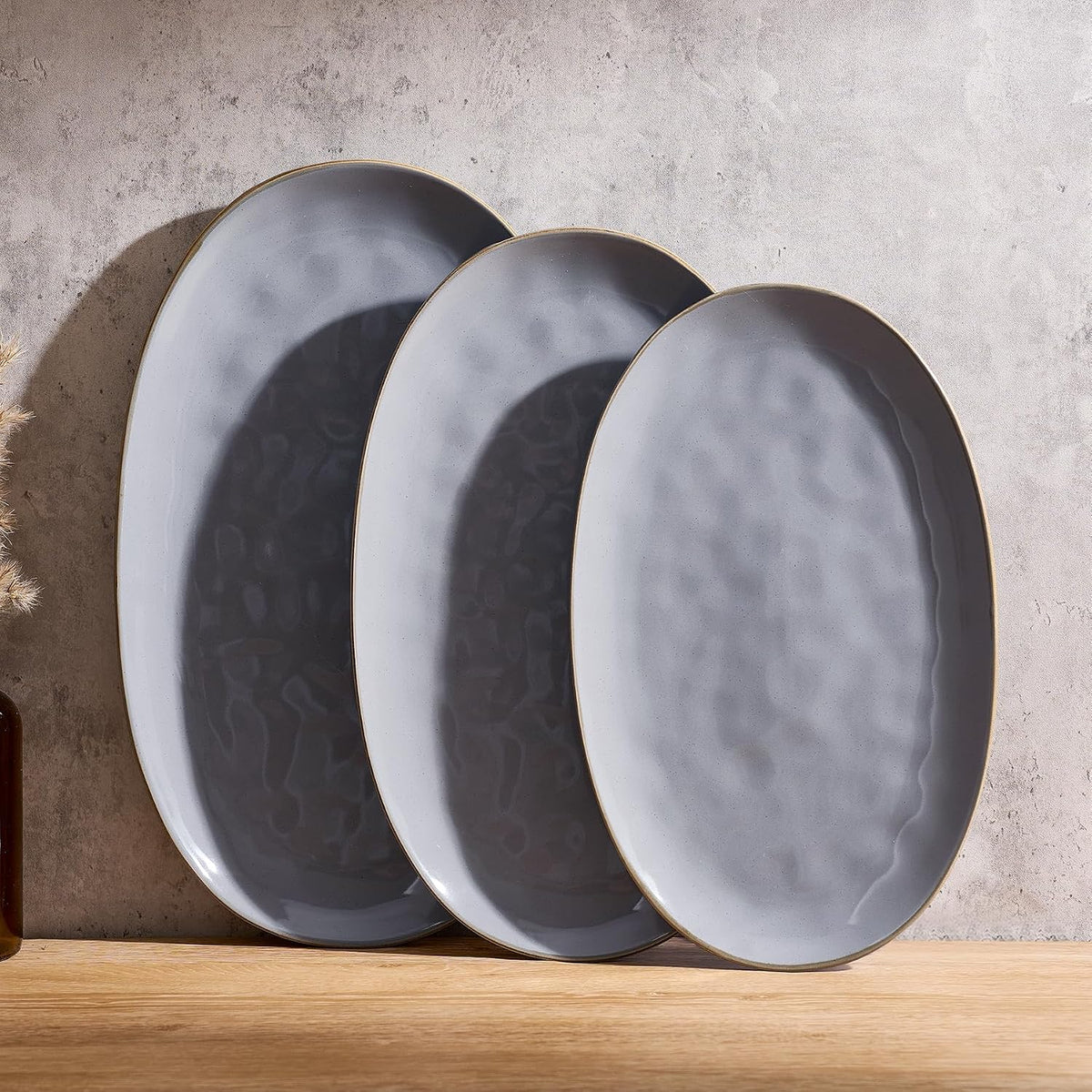 famiware Serving Platters Set of 3 Sizes - Oval, Dark Grey | 15.59"/14.3"/12.9" Fine Stoneware Serving Trays for Party, Entertaining for Food, Turkey, Cheese, Microwave Dishwasher Safe