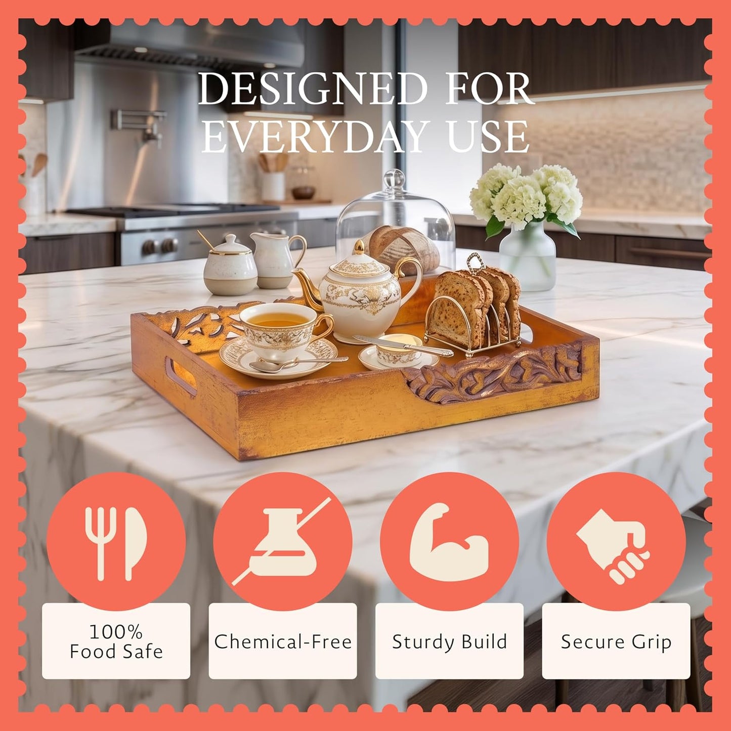 Mela Artisans Flourish Mango Wood Serving Tray - Distressed Gold, 16 in | Handcrafted serving tray board with handles for breakfast, coffee and home décor, utilizing built-in base felt pads.