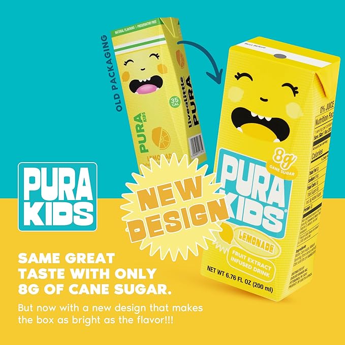 PURA Kids Box | Lemonade Fruit extract infused Drink for kids | 8g Pure Cane Sugar | Non-GMO | Vegan, No Artificial Sweeteners | Best Lunchbox Beverage with Paper Straw | 6.76 fl oz (200ml), Pack of 24
