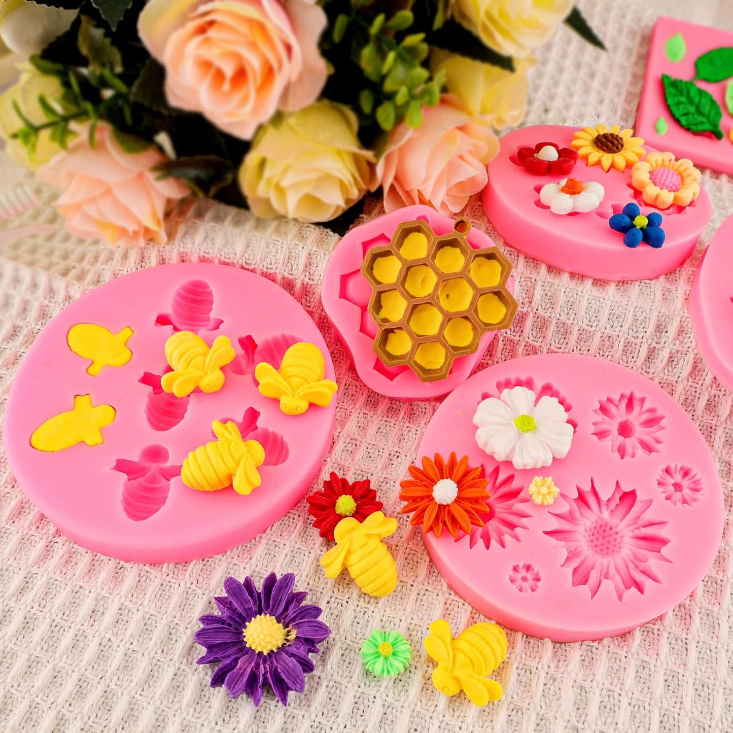 Silicone Mold Flower 8pcs Chocolate Fondant Polymer Clay Candy Gummy Mold,Rose Leaf Butterfly Bee Honey Shaped Silicone Molds for DIY Cake Cupcake