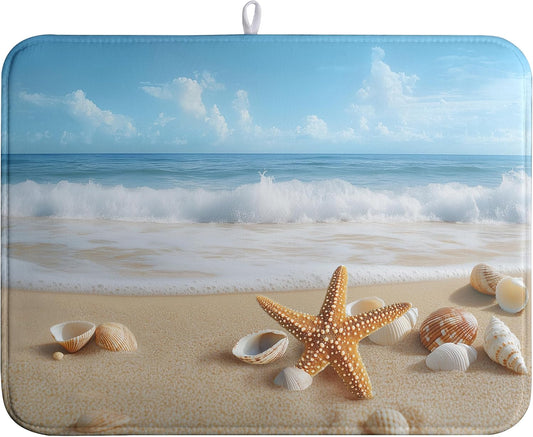 Summer Ocean Beach Blue Dish Drying Mat Sea Shell Starfish Large Kitchen Mat Dish Drying Pad Absorbent Dish Dryer Mat for