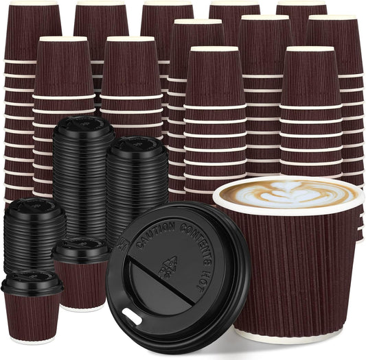 Uiifan 100 Set 4oz Disposable Espresso Cups with Lids Ripple Corrugated Paper Disposable Coffee Insulated Hot Ripple Cups