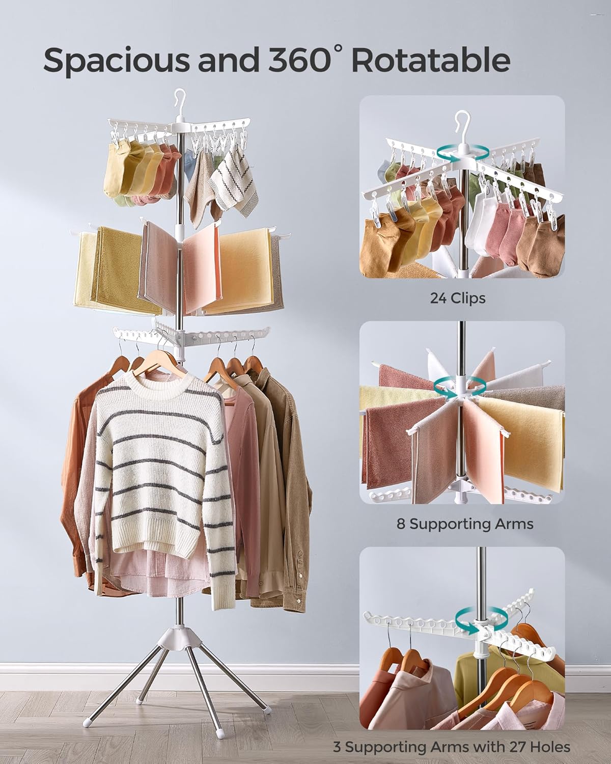 SONGMICS 3-Tier Clothes Drying Rack, 82.7-Inch Folding Laundry Drying Rack with 11 Rotatable Arms for Hangers, 24 Clips, Stainless Steel, for 27 Pieces of Clothes, White and Silver ULLR513W01
