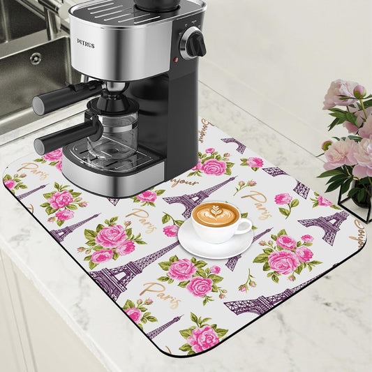 Eiffel Tower with Pink Rose Coffee Mat Absorbent Dish Drying Mat for Kitchen Counter Hide Stain Rubber Backed Coffee Bar