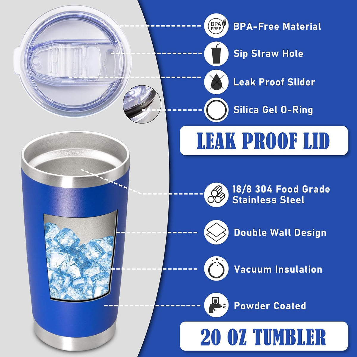 20oz Tumbler Insulated Coffee Tumblers with Lid Stainless Steel DarkBlue 8P