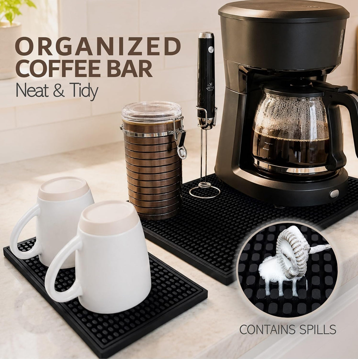 Rubber Bar Mat – Non-Slip Spill &amp; Drip Mat for Bartending, Coffee Bar &amp; Kitchen Countertop, Thick Durable Counter Protector &amp; Stylish Drying Mat (Total Black, 18"x12")