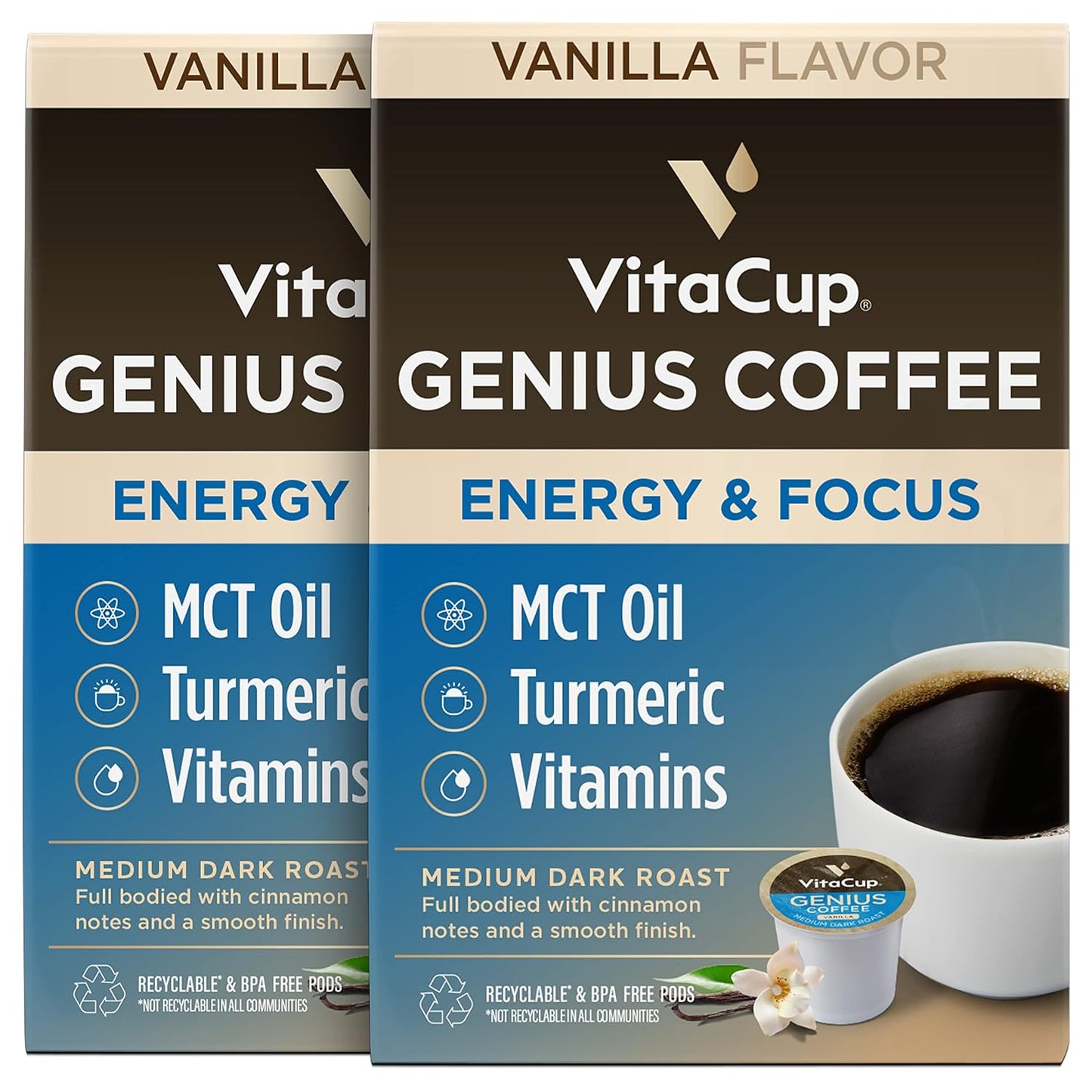 VitaCup Genius Vanilla Keto Coffee Pods with MCT Oil, 32ct | B Vitamins, D3, Turmeric