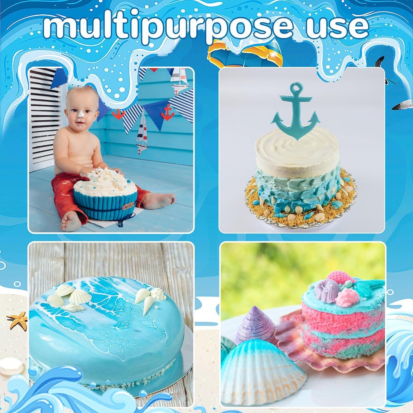 Ocean Chocolate Fondant Mold Set Food-Grade Silicone Baking Molds with Shell, Starfish, Seashell Beach Life Phrases, Reusable for Under the Sea Cakes, Cupcakes &amp; Party Treats - 8 Pack