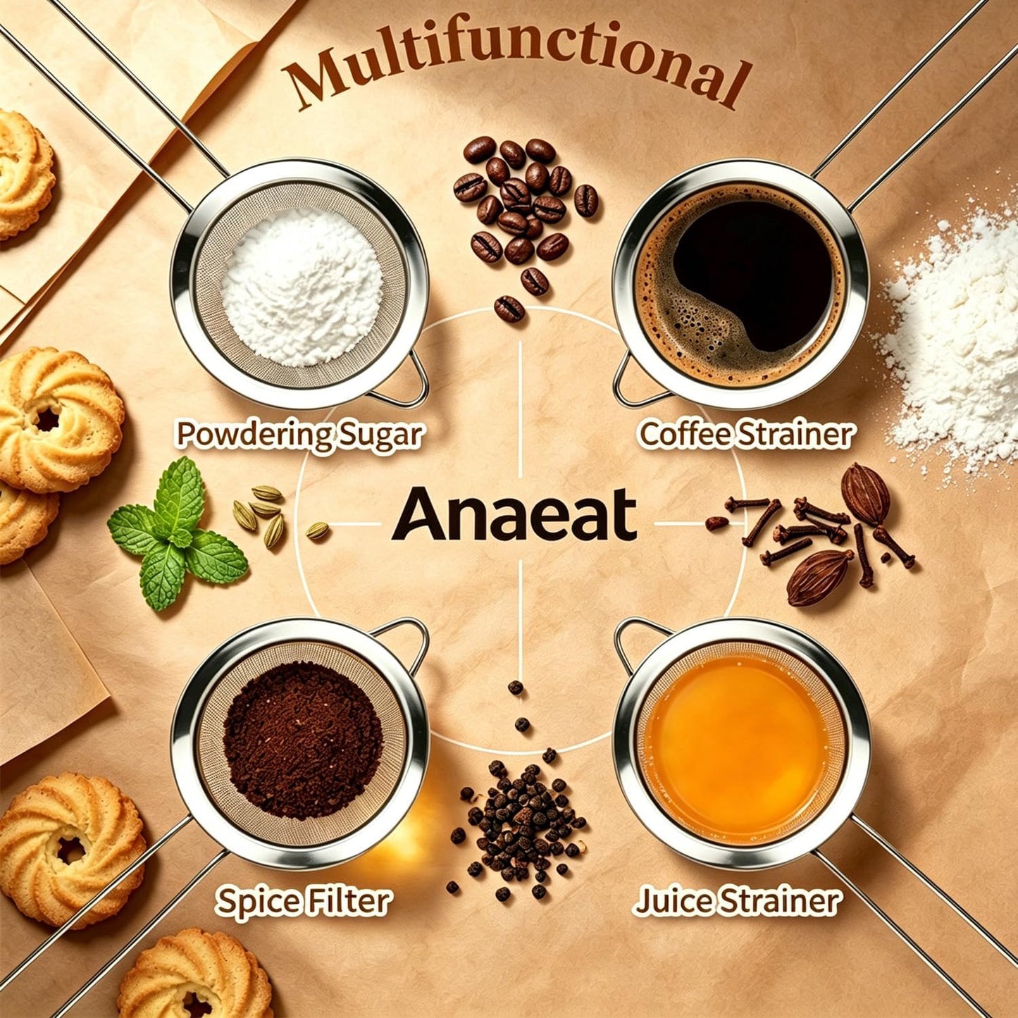 Anaeat Fine Mesh Strainers - Premium Stainless Steel Colander Sieve Sifters, with Durable Mesh and Sturdy Handle, Excellent for Sifting Dry ingredients, Flour, Pastas, Rice, Tea (5.5")