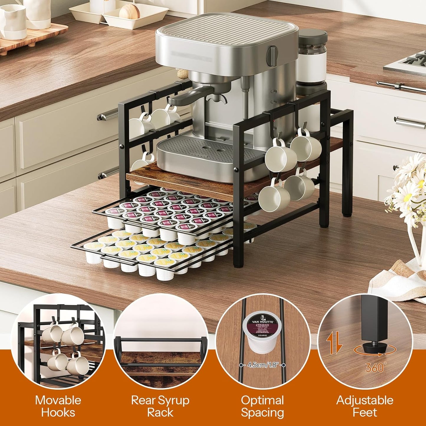 HOOBRO K Cup Holder, Coffee Pod Organizer for Counter, 70 Capacity Pods Storage Organizer, Coffee Maker Stand with Mug Rack, Coffee Station for Syrup, Rustic Brown and Black BF03CR01