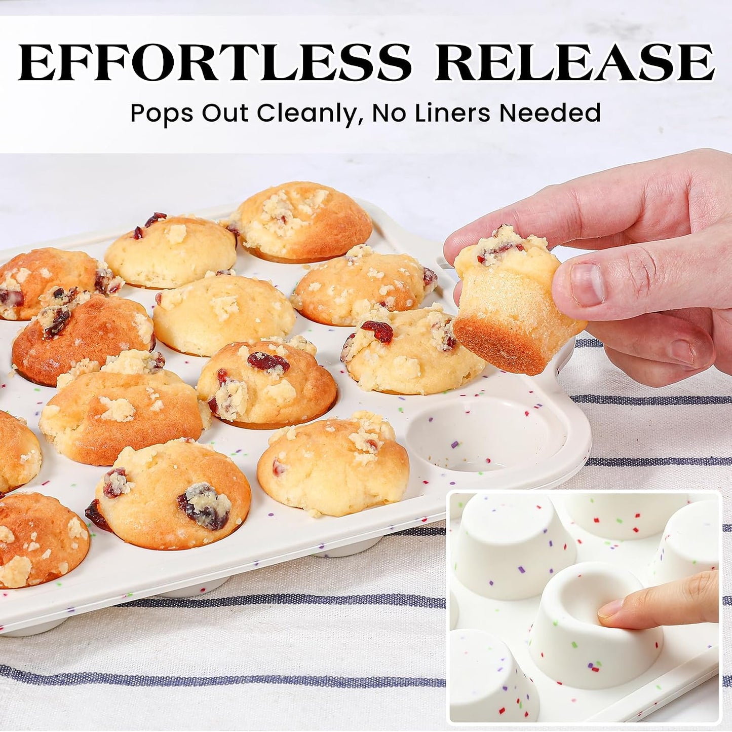 Mini Muffin Pan, 24 Cups, Cream | Metal Reinforced Frame, Nonstick Silicone, Food Grade, With Handles