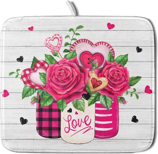 Valentine's Day Rose Flower Dish Drying Mat for Kitchen Counter,Mason Jar Pink Love Heart Drying Mat 16 x 18 Inch with High