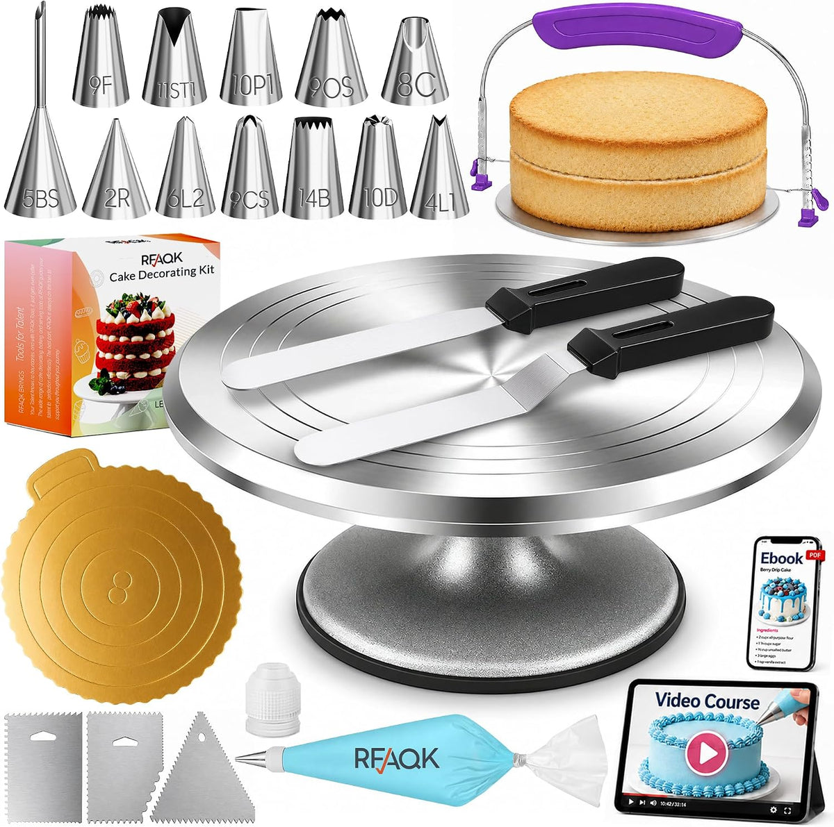 RFAQK 50PCs Cake Decorating Supplies Kit with 12" Aluminum Rotating Cake Turntable Stand