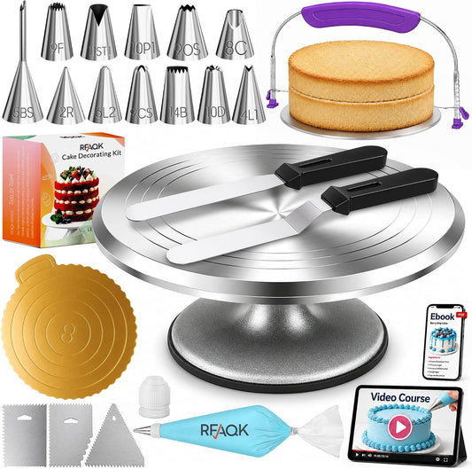 RFAQK 50PCs Cake Decorating Supplies Kit with 12" Aluminum Rotating Cake Turntable Stand