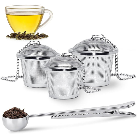 Tea Infuser Set of 3 (1 Large, 2 Small) with Scoop, Stainless Steel | Loose Leaf Tea Steeper; Extra Fine Mesh Holes, Extended Chain, Sleek &amp; Shiny Surface; Reusable; for Herbs, Spices &amp; Cooking
