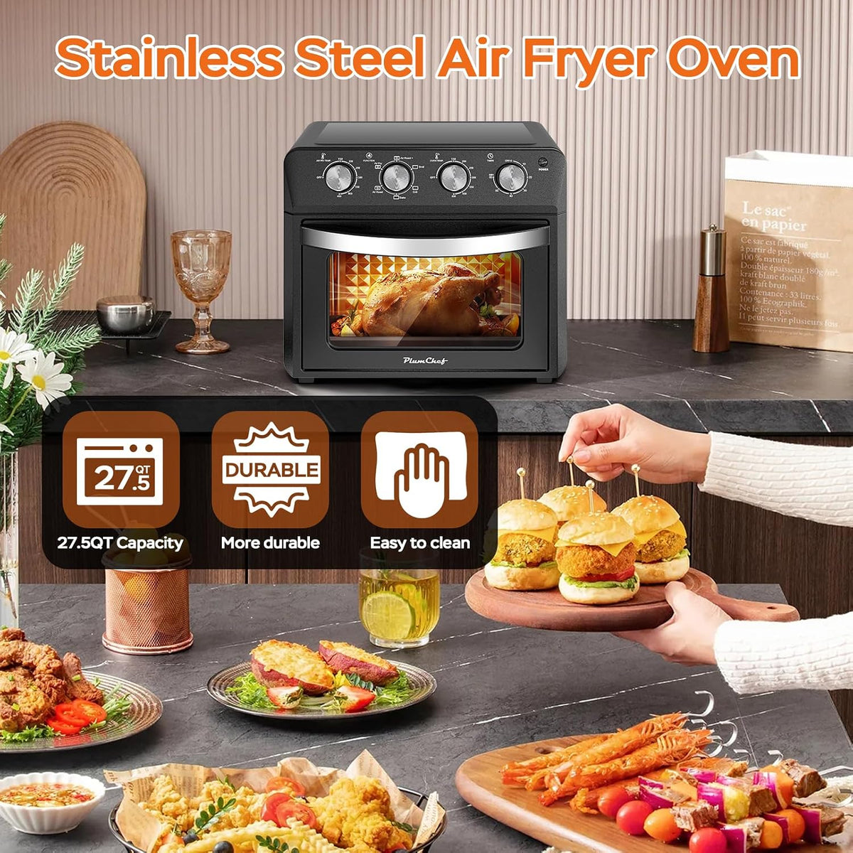PlumChef 13 Quart 4 Slices Air Fryer Convection Toaster Oven, 1500W, Multifunction Oven for Roast, Bake, Grill, Broil, Toast（stainless steel）