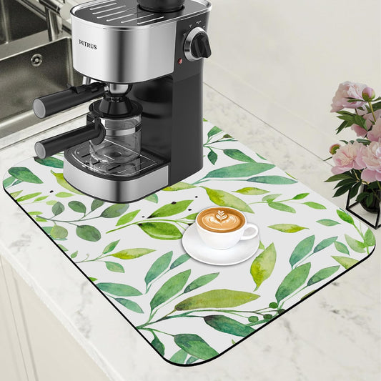 Dish Drying Mat Watercolor Green Leaves Coffee Bar Mat for Countertop Absorbent Hide Stain Rubber Backed Dish Drainer Rack