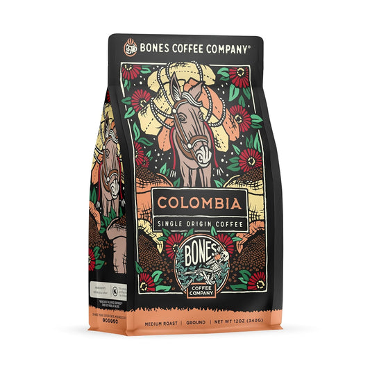 Bones Coffee Company Colombia Single-Origin Coffee, Almonds, Dried Fruit, Vanilla Notes, Flavored Ground Coffee, Medium