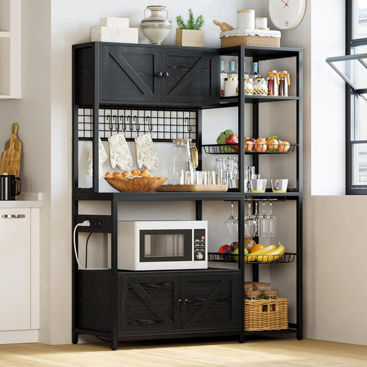 IRONCK Bakers Rack with 2 Storage Cabinets and Power Outlet, 45.3 Inch Industrial Coffee Bar Cabinet Shelves, Kitchen