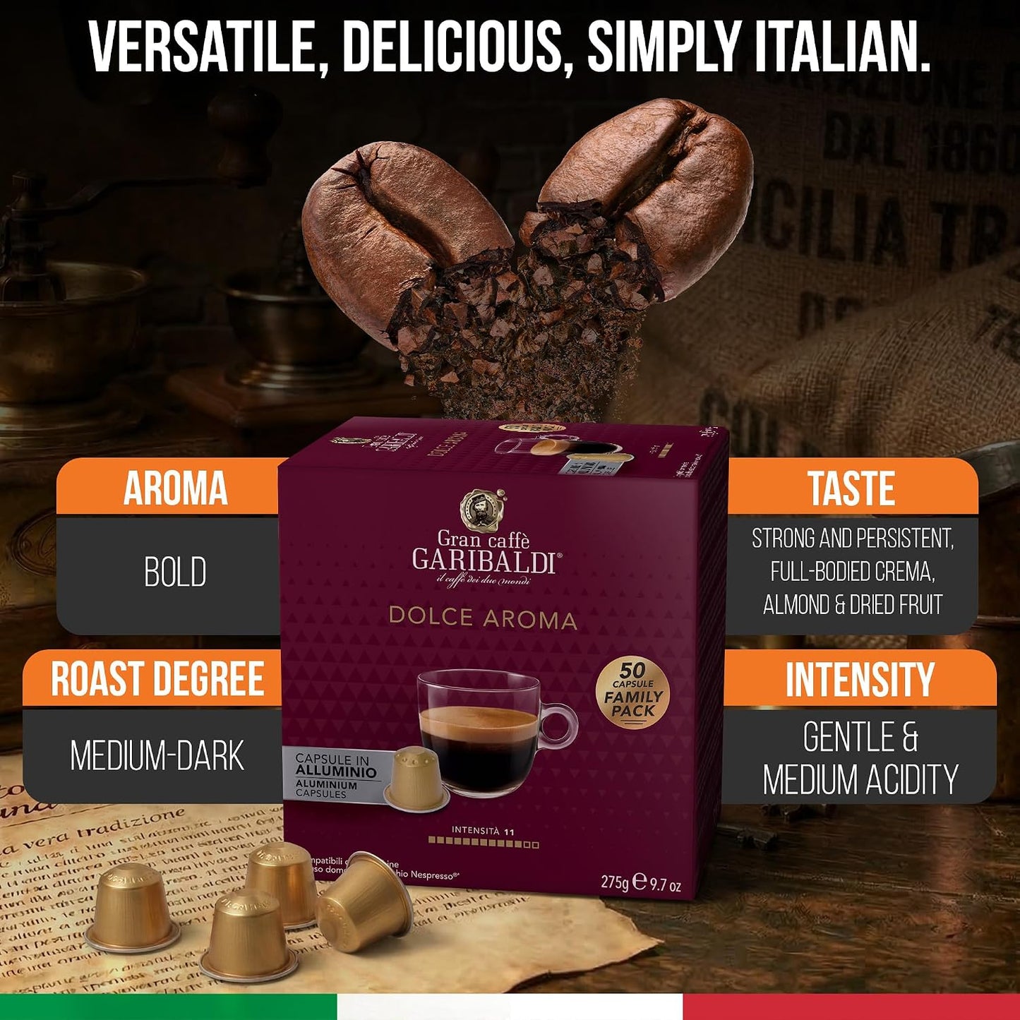 Gran Caffè Garibaldi Dolce Aroma Espresso Capsules Italian Roasted 50 Count | Italian Roasted Espresso Capsules With Full-Bodied Crema, Compatible With Nespresso Original Machines, Coffee Pods, 50 Count
