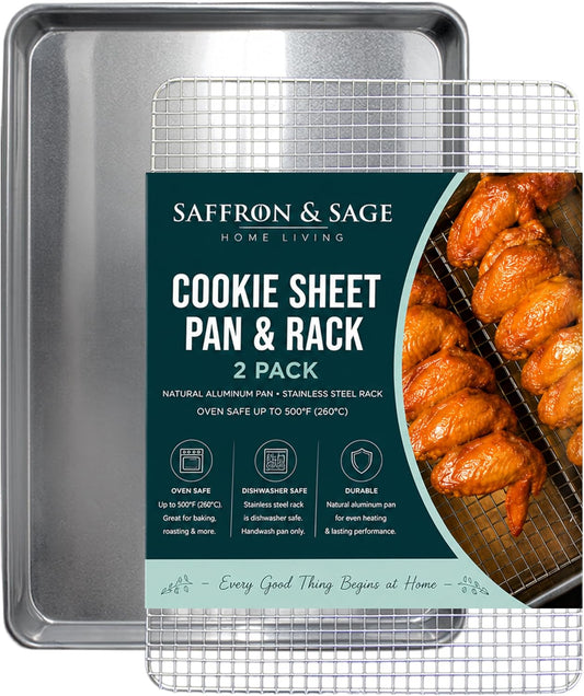Commercial Quality Cookie Sheet and Rack - Aluminum Half Sheet Baking Pan and Stainless Steel Cooling Rack Set, 13x18 Rimmed Baking &amp; Roasting Tray is Rust &amp; Warp Resistant, Heavy Duty, of Thick Gauge