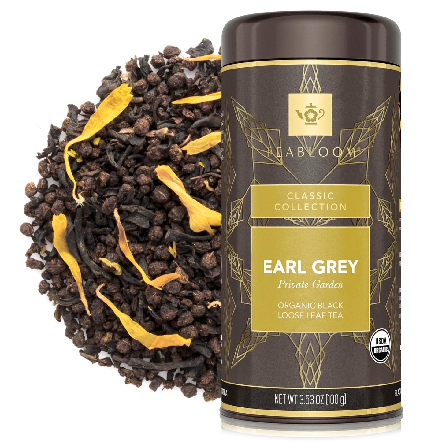 Teabloom Organic Black Tea, Earl Grey Private Garden Loose Leaf Tea, Classic Assam Whole Leaf Blend, USDA Certified Organic, Kosher Certified, 3.53 Ounce Loose Leaf Tea Canister Makes 35-50 Cups