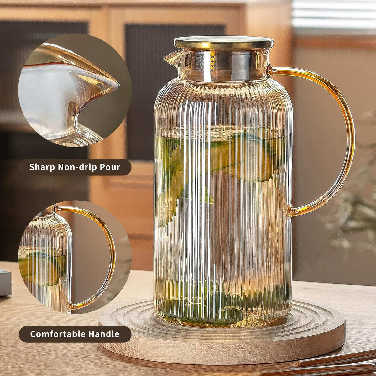 Buaic Glass Pitcher with Lid, 68 oz/ 2L Amber Glass Water Pitcher | Classic Vertical Stripes Glass Water Jug with Handle,Glass Water Carafe for Cold Brew, Coffee,Iced Sun Tea,Beverage,Cold/Hot