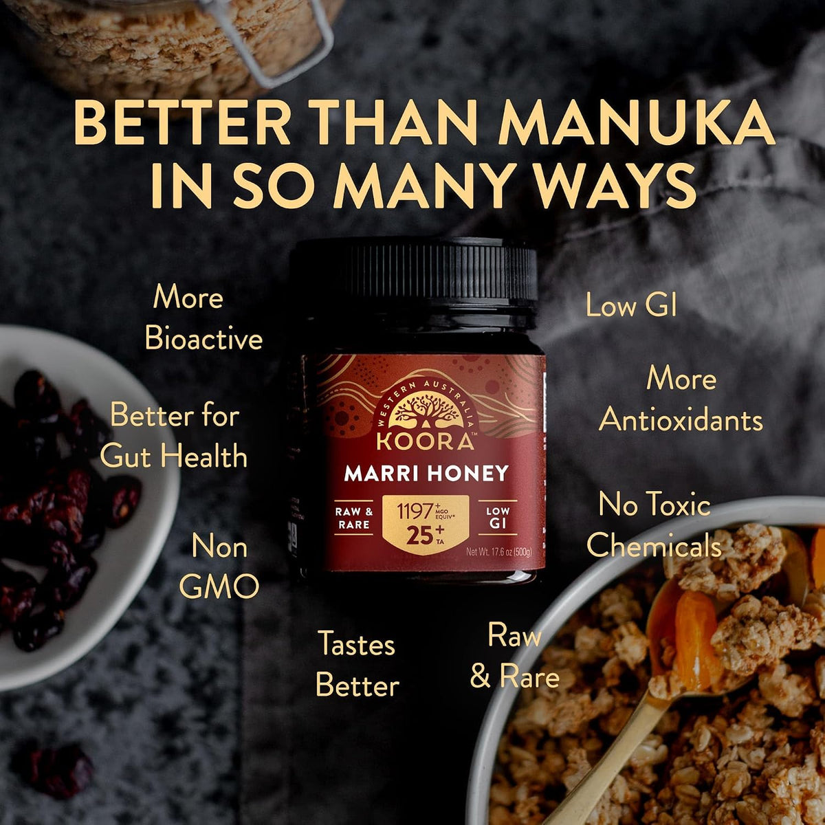 KOORA Marri Honey TA 25+ (MGO 1197+ Manuka Honey Rating Equivalent) 8.8 oz | Raw Medicinal Honey, Daily Health &amp; Immune Support, Low GI, Pristine Ancient Wild Forests of Western Australia