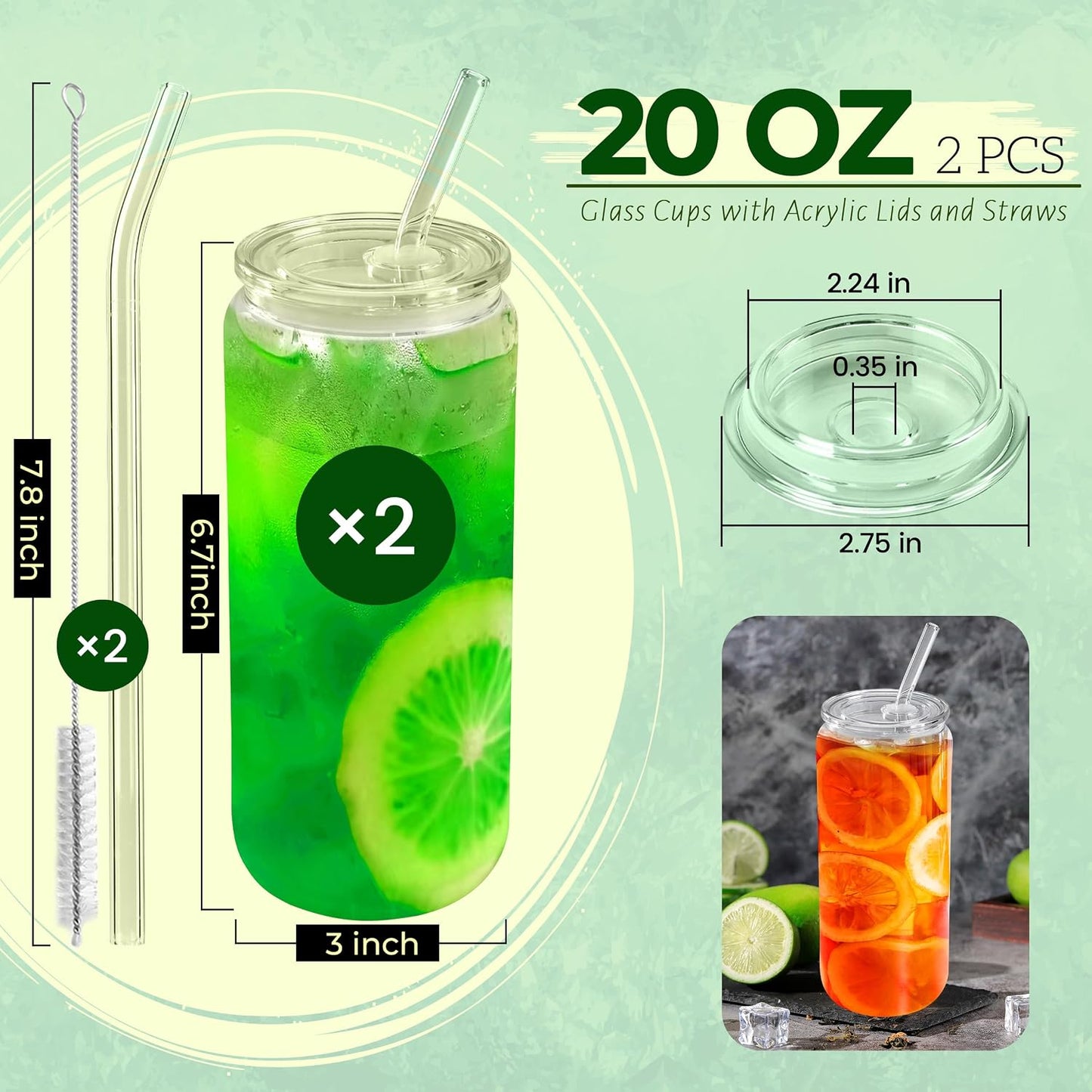Joyclub 2pcs Glass Cups with Acrylic Lids and Straws 20 oz Drinking Glasses | Can-shaped glasses cute glass tumbler include 2 cleaning brushes, reusable iced coffee cup for party favors cafe shop gifting